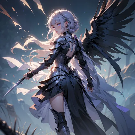 (((masterpiece, best quality, high detailed, 16k))) (1girl) A mysteriously alluring woman with short spiky purple hair and piercing violet eyes. She wears an ethereal, shadow-like armor that shifts and moves like smoke. Black, feathered wings emerge from h...