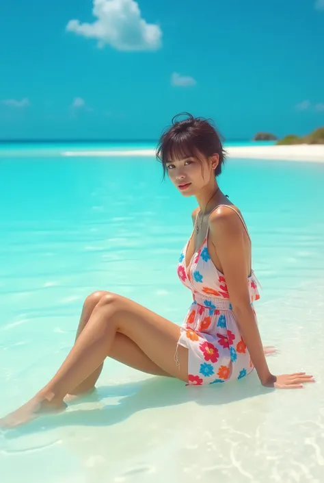 (Best lighting, Best Shadow, masterpiece, high quality), colorful, Vibrant, Summer mood, lots of bright colors, a stunning woman in light summer clothes, short Hair loss, Sit on the clear water and white sand, Bright blue sky.