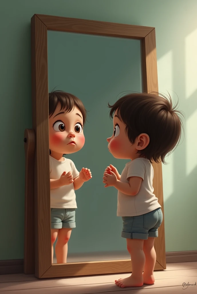 Child looking at himself in the mirror, Confused.

