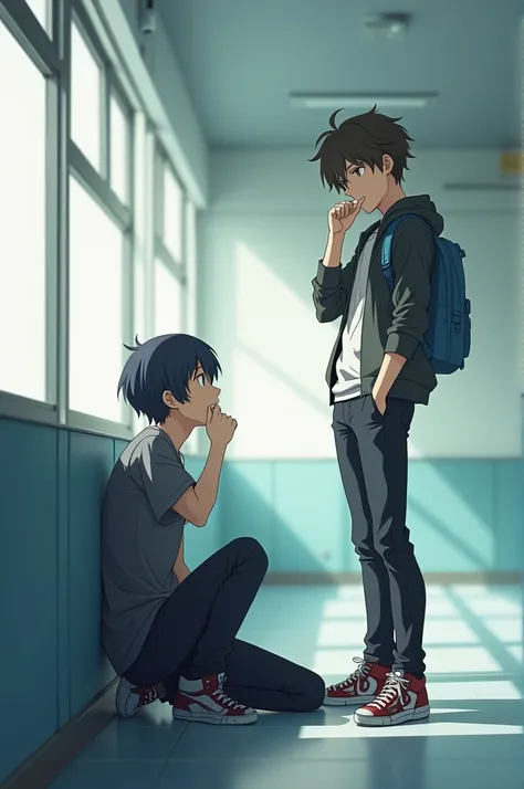 anime,two teenage boys, one on his knees giving a blowjob and the other one standing with one hand in his mouth in the empty part of the school 