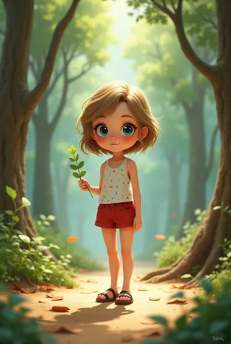 A small tall , around trees,of dark blue eyes, light brown hair, sprinkles tank top and donalds, red shorts with ice cream ,lol sandal standing holding a small tree leaf with the ground "sand" with fallen leaves to draw 