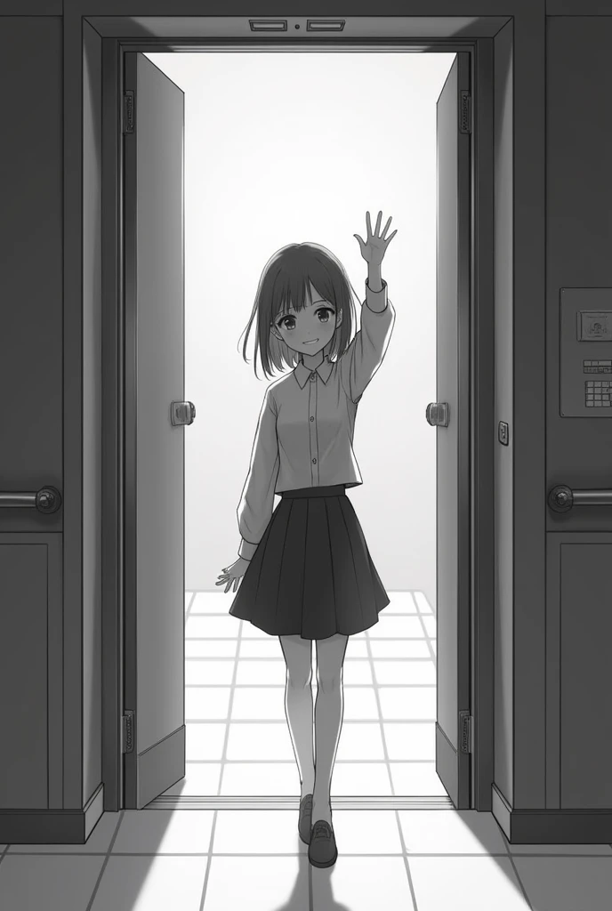 Character Gestures : Entering the elevator, turns around to smile at the camera, making a gesture of "Bye" with the hand. Press the button to close the doors with determination.
Camera Movement: The camera plays with the space of the elevator, focusing on ...