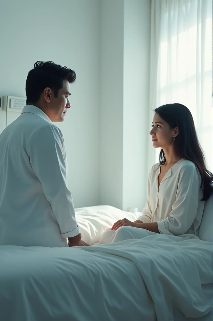 In a stark, white hospital room, Meera is sitting on a bed while a doctor talks to her and Akash. Akash’s face turns serious, and Meeras eyes look distant as she hears the news of her illness. The atmosphere is somber, with soft lighting that contrasts wit...