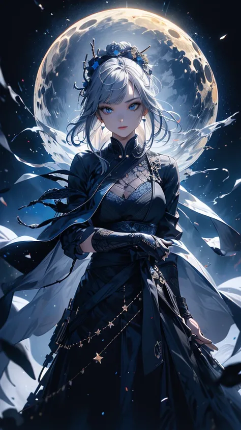 masterpiece, high quality, 4K, Beautiful design, silhouette，Gray Hair， 非常に詳細な夜のStarry Sky,Flower Field， wonderful, Subtle details,  Very knowledgeable woman, Highly detailed solo female 1 person,blue eyes，Big Boobs，Gothic Fashion，Night view，Starry Sky，Blue...