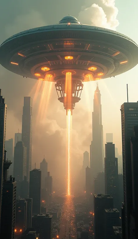 A large flying saucer invades and attacks the city with many tall buildings, shooting many beams of destruction.