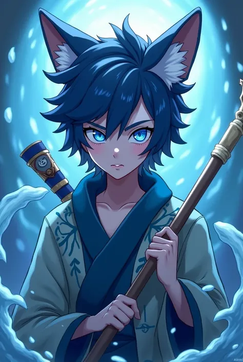 The skin from fortnite drift as magia water healer and you can make the sharingan on the right eye from naruto and he should have darker hair blue kitsune male 