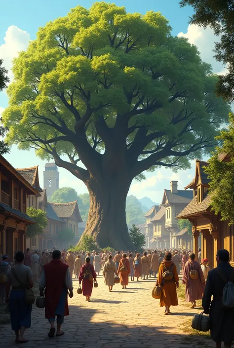 many people passing by the oak tree in the middle of the village. just simple oak tree