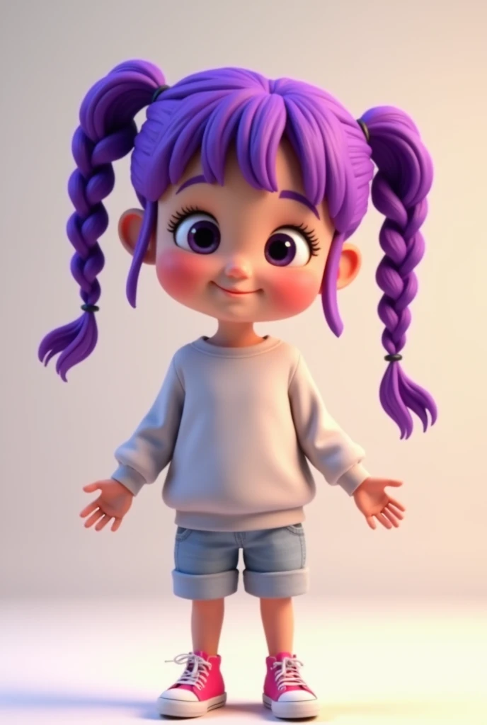 Two braided pigtails，Purple hair，Girl in sweatshirt and shorts，The action is to open both hands horizontally，Palm down，3D Pixar style，To see the front、side、and the back