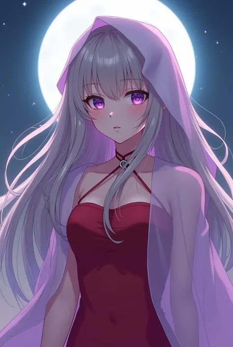 Anime cute girl with long hair in formal  red dress 
 Cover  body neck  in pastel purple under moonlight with Aesthetic and elegance style no boobs pls full cover upper body