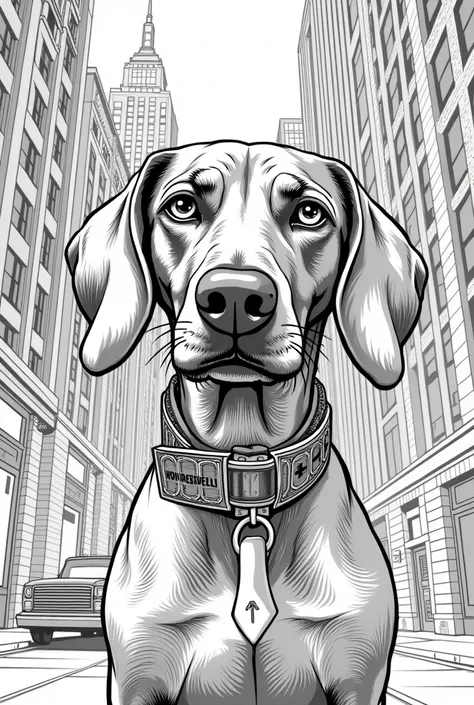 A beautiful Vizsla with big eyes in peaky blinders style in new york mafia wearing a collar that says “Wonderbellis” as a coloring page black and white 
