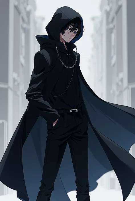 ((quality)), ((art)), ((best)), ((Anime)), ((detailed)), 1 ((boy)), wears a ((black coat)), with ((sleeves)), ((long)), in a very ((cool)) style, and with a ((long cape)), that almost reaches the ((floor)), and a ((hood)), to cover his ((head)),