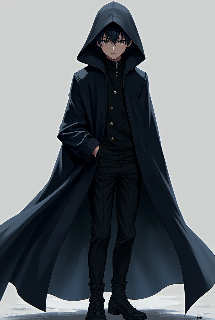 ((quality)), ((art)), ((best)), ((Anime)), ((detailed)), 1 ((boy)), wears a ((black coat)), with ((sleeves)), ((long)), in a very ((cool)) style, and with a ((long cape)), that almost reaches the ((floor)), and a ((hood)), to cover his ((head)),