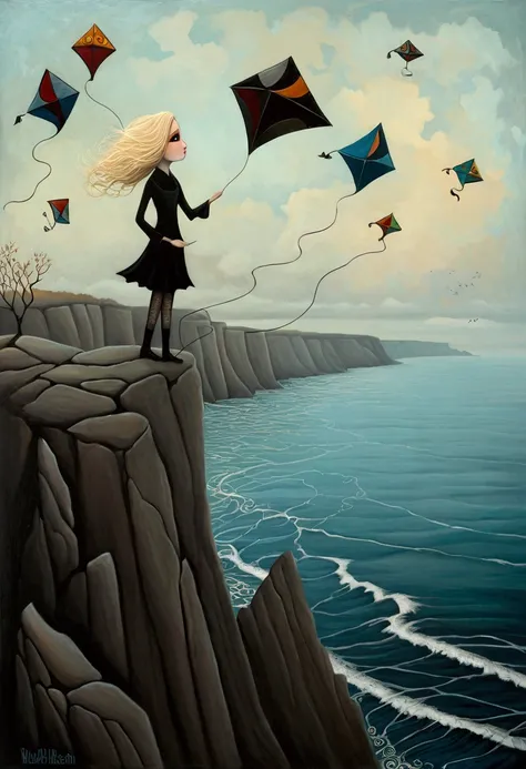 oil and acrylic painting. In the style of Meghan Duncanson, Andy Kehoe and Tom Bagshaw. A blond girl effortlessly holds kites in the shape of masks. Background a cliff, sea.