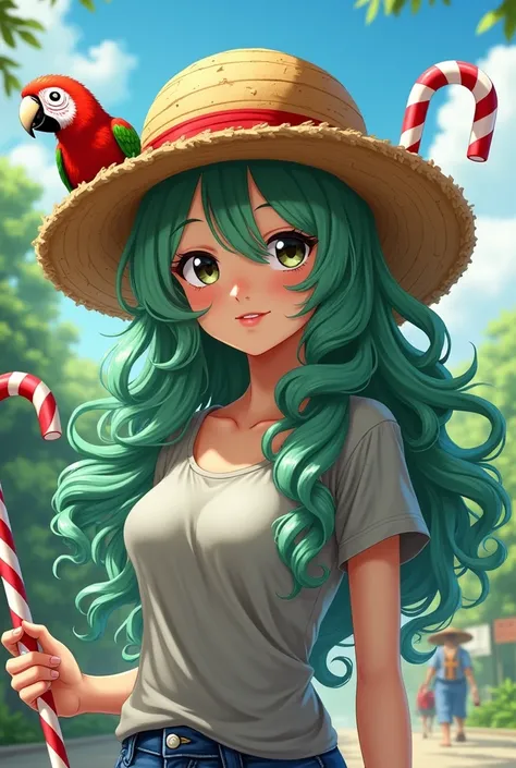 Anime girl with long curly green hair wearing a hat like Luffy&#39;s and a red and white parrot on her shoulder with a candy cane like a staff and an old gray t-shirt