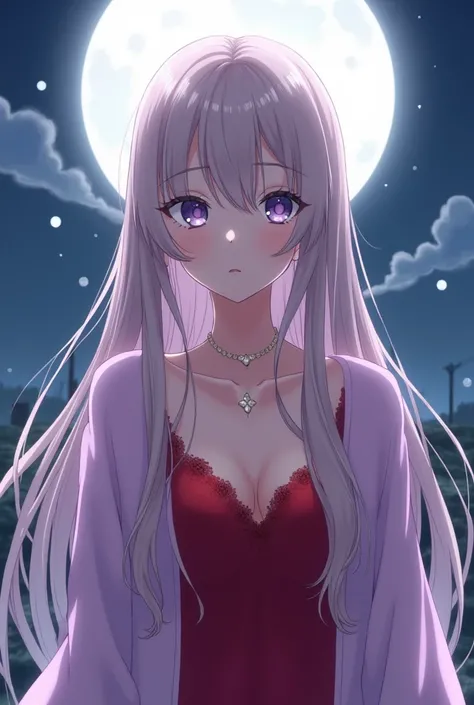 Anime cute girl with long hair in formal  red dress 
 Cover  body neck  in pastel purple under moonlight with Aesthetic and elegance style no boobs pls full cover upper body