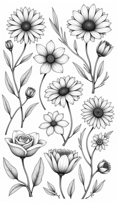 Generate black and white line drawings of different flower arrangements, including detailed roses, daisies, peonies, carnations, sunflowers, and other flowers. The drawings should have intricate lines but also enough open spaces to be easily colored. Inclu...