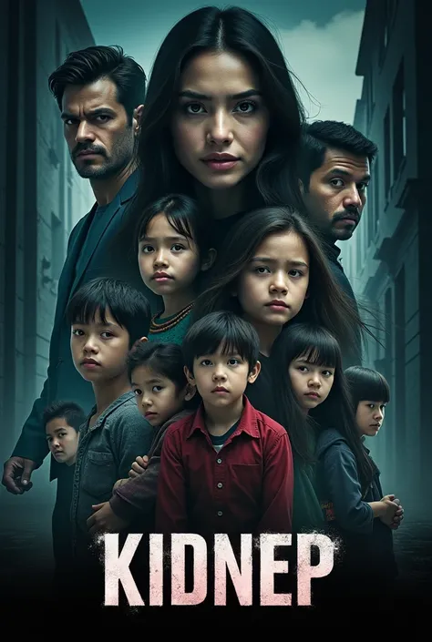 poster related to the kidnapping story titled "KIDNEP" The characters are 2 boys and 4 girls(6 people) a male detective,a female kidnapper with a male assistant,small child with his mother,and a good friend of the 