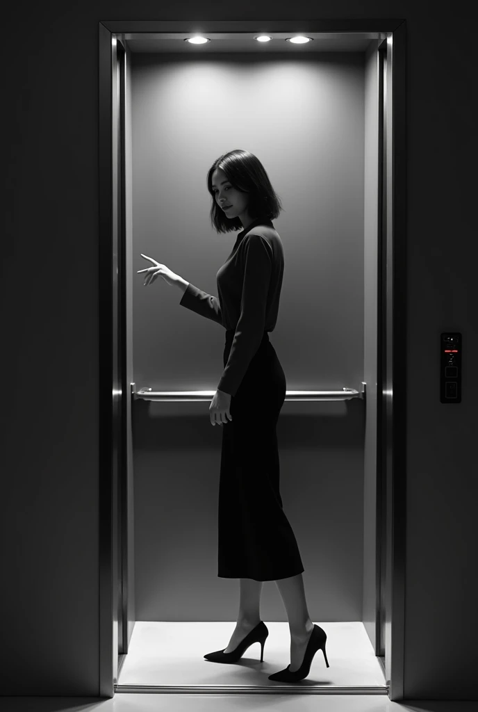 Character Gestures : Entering the elevator, turns around to smile at the camera, Press the button to close the doors with determination.
In black and white that is a woman