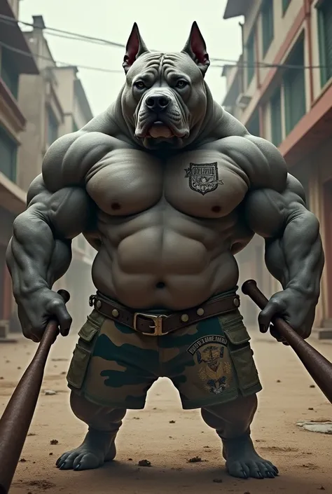 Imagine a robust and athletic gray pitbull, with camouflage shorts, tattoo of the athletic shield of Minas Gerais on the right chest, with a determined and confident expression. On each of its front paws, he is holding a baseball bat. The background could ...