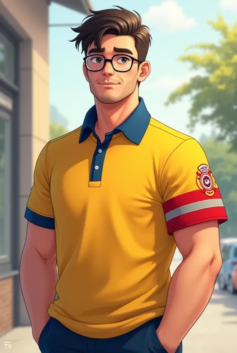 Make a young adult, low hair, small thin shaved beard, round frame glasses, chunky, wearing a yellow polo shirt with a blue collar, with a red fireman&#39;s armband.