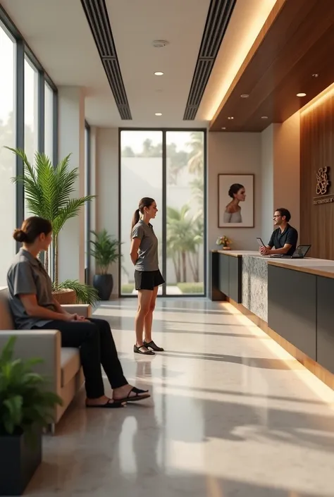 Modern plastic surgery clinic Reception room details Smiling receptionists Sophisticated decor Include logo Include phrase Plastic Surgery Dr.. Jhon Millmann Show a seated patient Add a touch of natural light Include a delicate water fountain