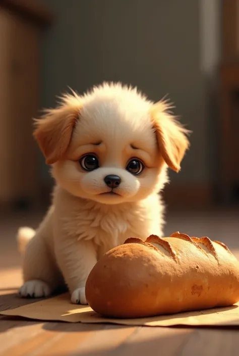 Little puppy is crying And the puppy saw the bread