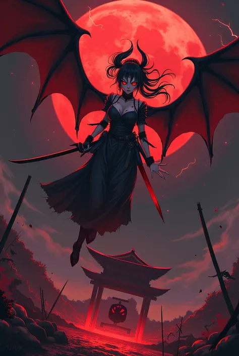 Black, red and blood-stained, female, Samurai with demonic wings, long Japanese ponytail, red eyes, a samurai mask and a grim expression floats in a blood moon night, with drawn, blood-stained katana, which is not in the right hand, and pointing slightly d...