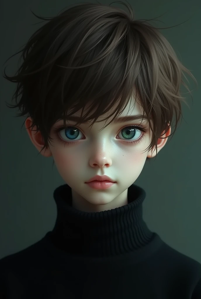 a boy from , white with brown hair with different eye colors, one blue and one green. He is tall and wears black clothes.