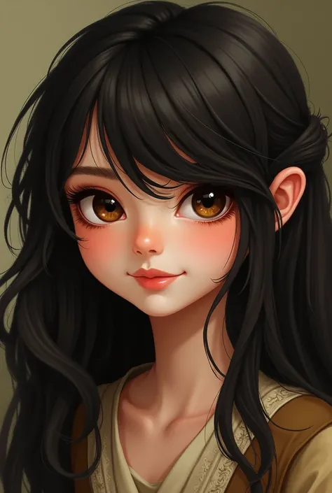 An adult female hobbit with dark hair and a large fringe covering her left eye, big eyes of deep brown color