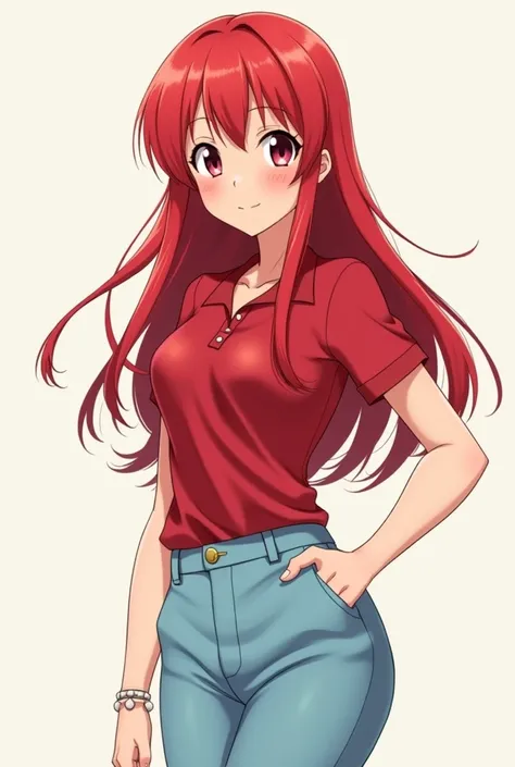 Anime girl dressed in red with red hair and light blue pants with red polo shirt gacha 