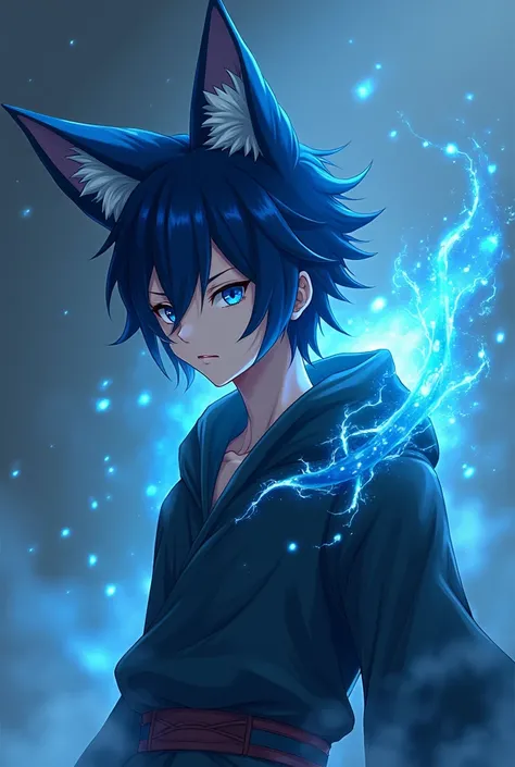 The skin from fortnite drift as a magic water healer and you can make the sharingan on the right eye from naruto and he should have darker hair blue kitsune male with a fox spirit 