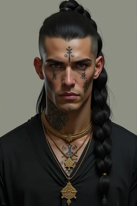 Man with black hair braided back, scraping the sides, with a baal tattoo on each side, with a black tunic, 2 gold necklaces with dagon