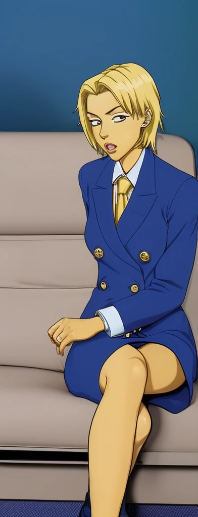 Adult 90s anime blonde business woman in a blue double breasted skirt suit and blue skirt with golden buttons wearing a tie full body sitting blue suit and buttoned up