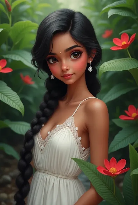 An indian girl, beautiful big eyes, dark hair, round face, small nose, baby lips, dark thick eyebrows, black hair, diamond earrings, braided hair, looking very confident with a smirk, white neckline made of lace, full body covered with white dress, backgro...