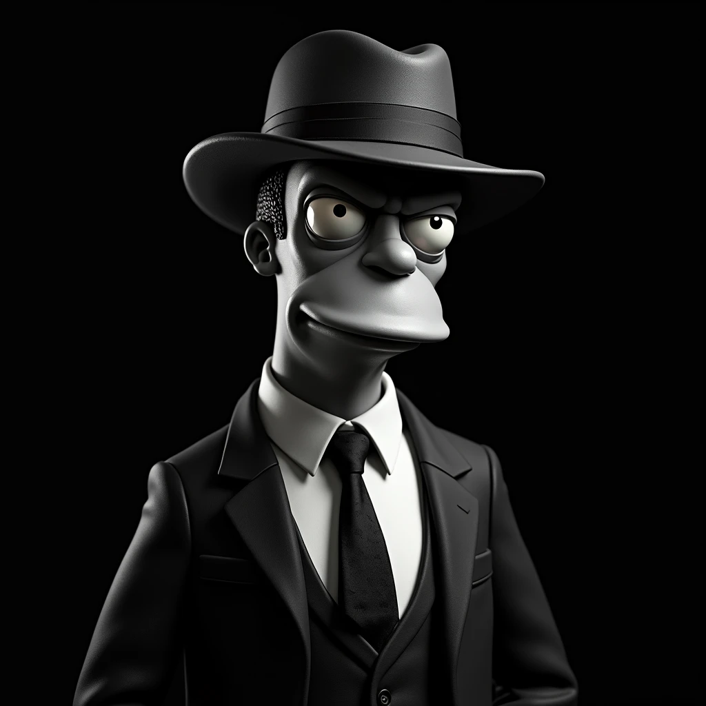 Crie personagem de simpson, with mafia clothes, wearing a suit and hat, image rich in details, photo with black background, photo will be used in profile