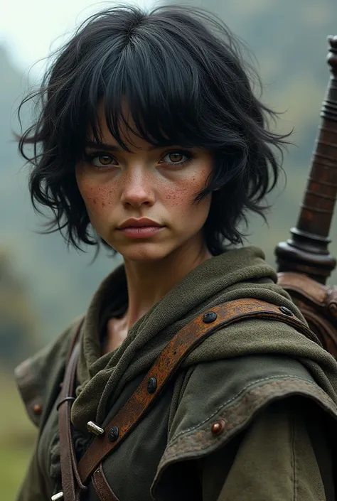 An ADULT female warrior hobbit with short dark hair and a large fringe covering her left eye, big eyes of deep brown color