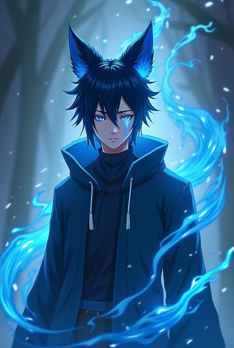 The skin from fortnite drift as a magic water healer and you can make the sharingan on the right eye from naruto and he should have darker hair blue kitsune male with a fox spirit 