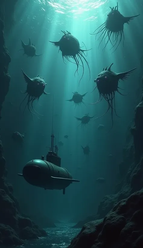 Many large, strange deep-sea creatures are swimming past the submarine.
