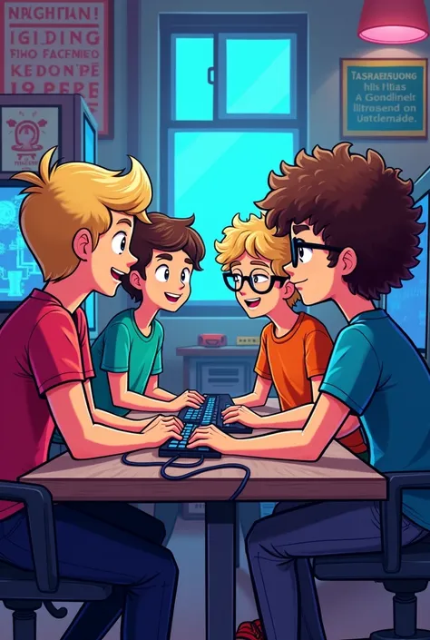 Une bannière pour une chaine twitch gaming 
représentant 4 cousins dans un bootcamp avec des pc dans un style de bande dessiné
Le premier est blond avec les cheveux lisse et assez musclé, the second is brown the third is blond with curly hair and the last ...