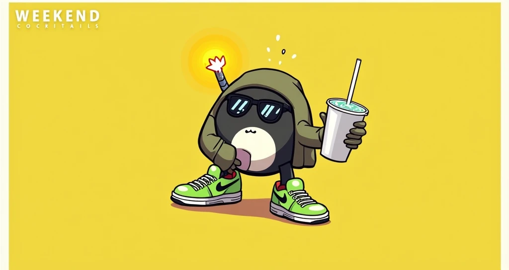 Bob-omb in a very circular shape, hooded sweatshirt, With the fuse lit in the head, with dark sunglasses, with green Nike tennis shoes, Drinking a slush cocktail in a white polystyrene cup, with the name of the establishment called WEEKEND cocktails.