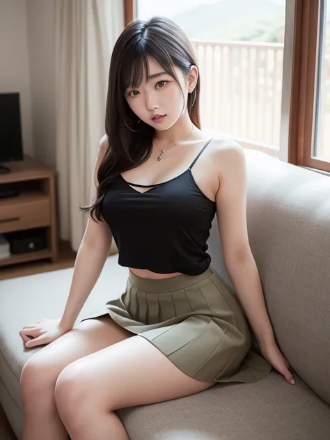 married woman、japanese、young wife、sitting on the sofa、black hair、beautiful valley、camisole、pleated skirt、mini skirt、beautiful th...