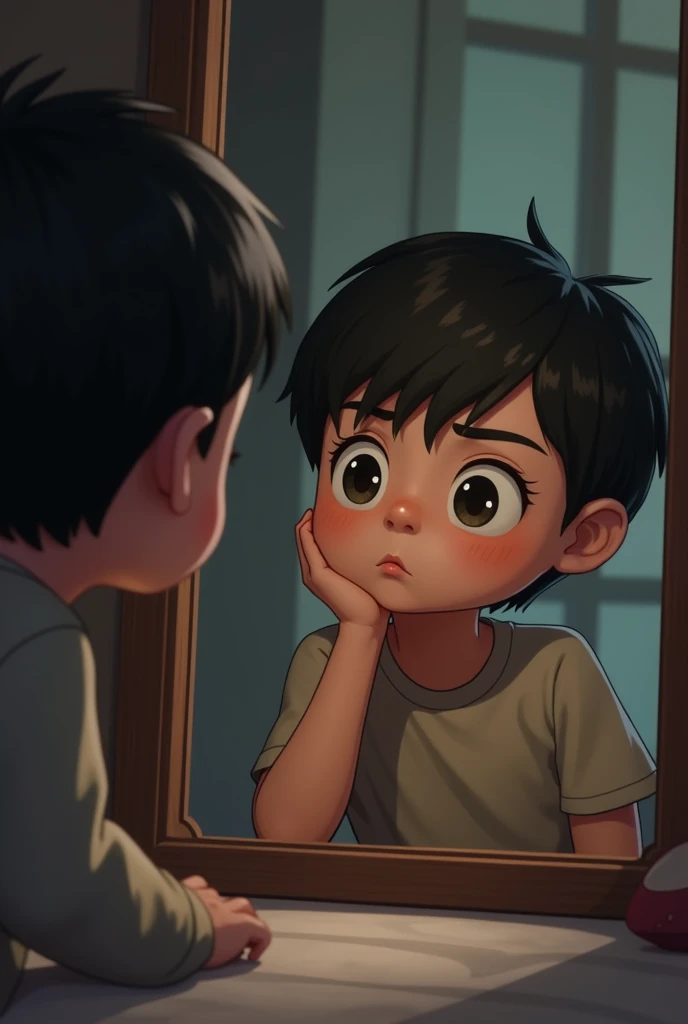 Child looking in the mirror, wondering who is, with a face of doubt and not being scared. With one hand under his face.

He is in his room.
