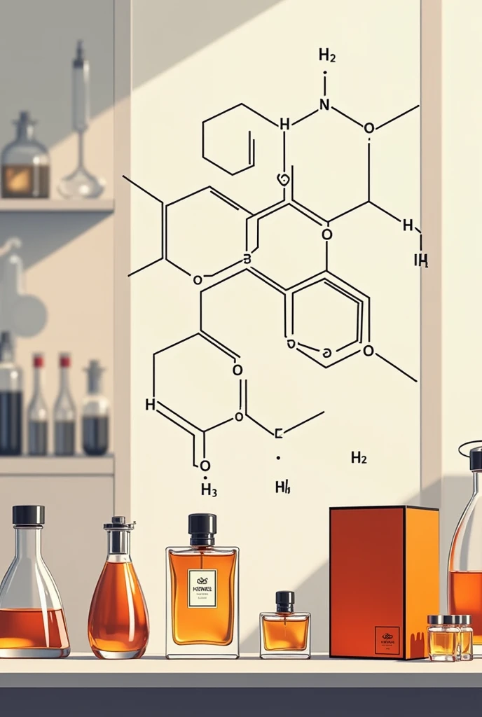  analytical and organoleptic research fragrances discovery. Make a digital drawing of molecule composition, fragrances raw material, smelling spray, color, hermes packaging.