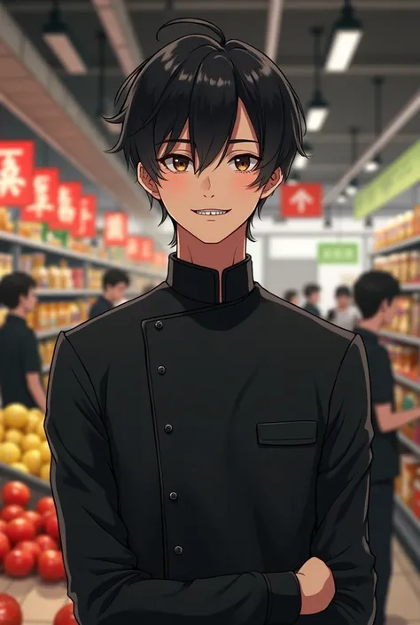 Create a black haired man, social court, brown eyes, Wearing a black uniform, Dental braces, working in a supermarket. 