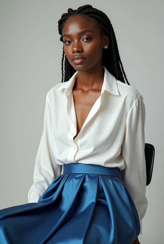 A black woman with very dark skin. She is 31 years. She has simple cornrows hairstyle. She is in white georgette blouse and blue satin pleated skirt. The image shows full body, she sat on a chair