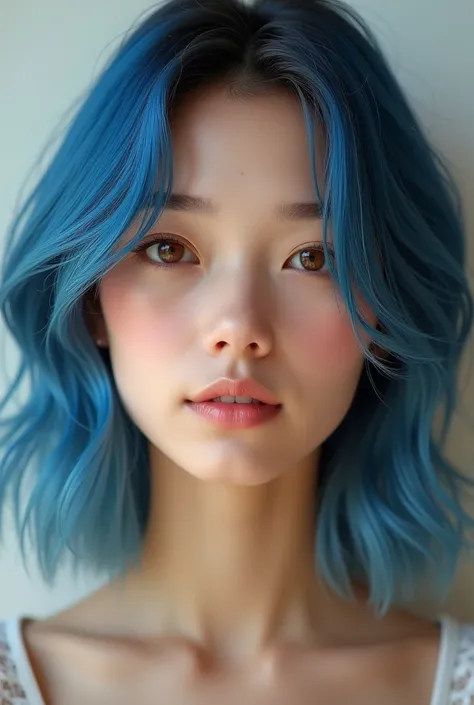 European woman, com os olhos castanhos, Cor Mel, medium length blue hair color, round face. 4k ultra realistic face zoom