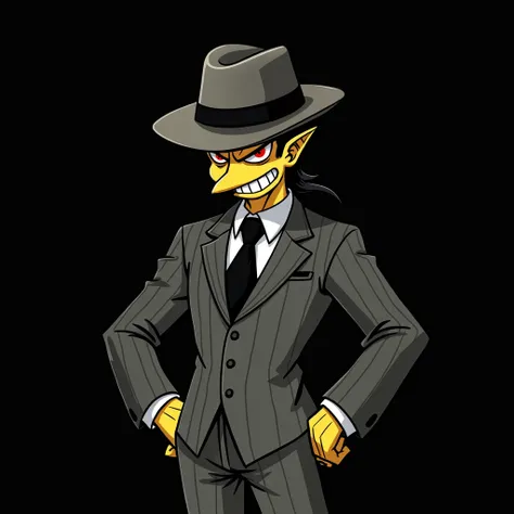 Create a Simpsons character based on Muzan from Kimetsu,  with mafia clothes, wearing a suit and hat, image rich in details, color photo with black background, photo will be used in profile