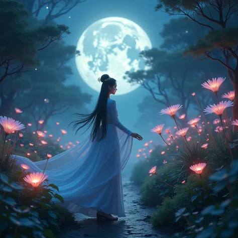 Chinese ancient girl, In the garden of the Moon Palace, Change is taking care of various strange flowers that emit a faint light under the moonlight. The colors are mainly the mysterious colors of the garden and the fluorescent colors of the flowers. The l...