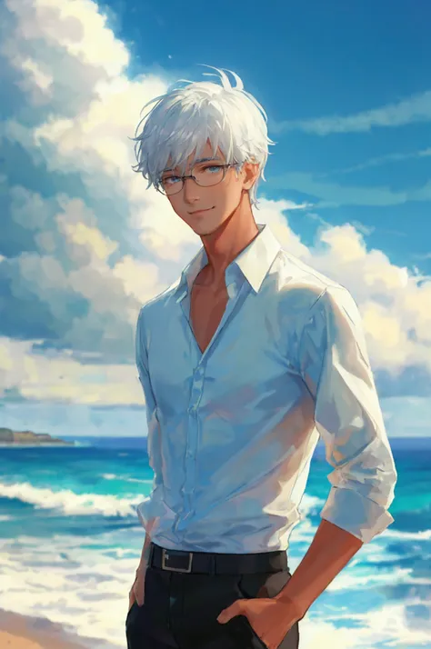 a man 2 standing on the chiff and ocean alone, little smile, tan skin, handsome face, lean body, blue shirt, black pants, white hair, glassy sky eyes,