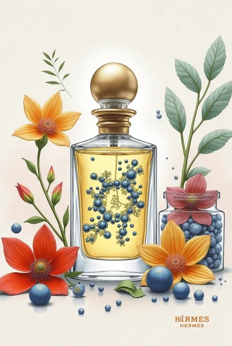  analytical and organoleptic research fragrances discovery. Make a digital drawing of molecule composition, flower, fragrances raw material, smelling spray, color, hermes packaging.